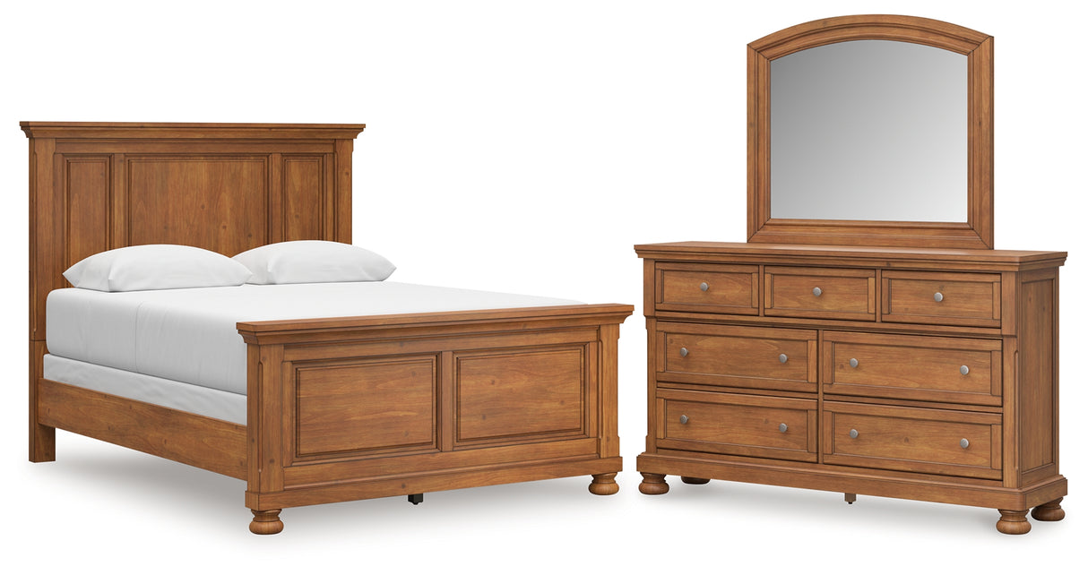 Feddinger 5-Piece Queen Panel Bed with Mirrored Dresser (Queen Panel Footboard, Queen Panel Headboard, Queen Panel Rails, Dresser, Bedroom Mirror)