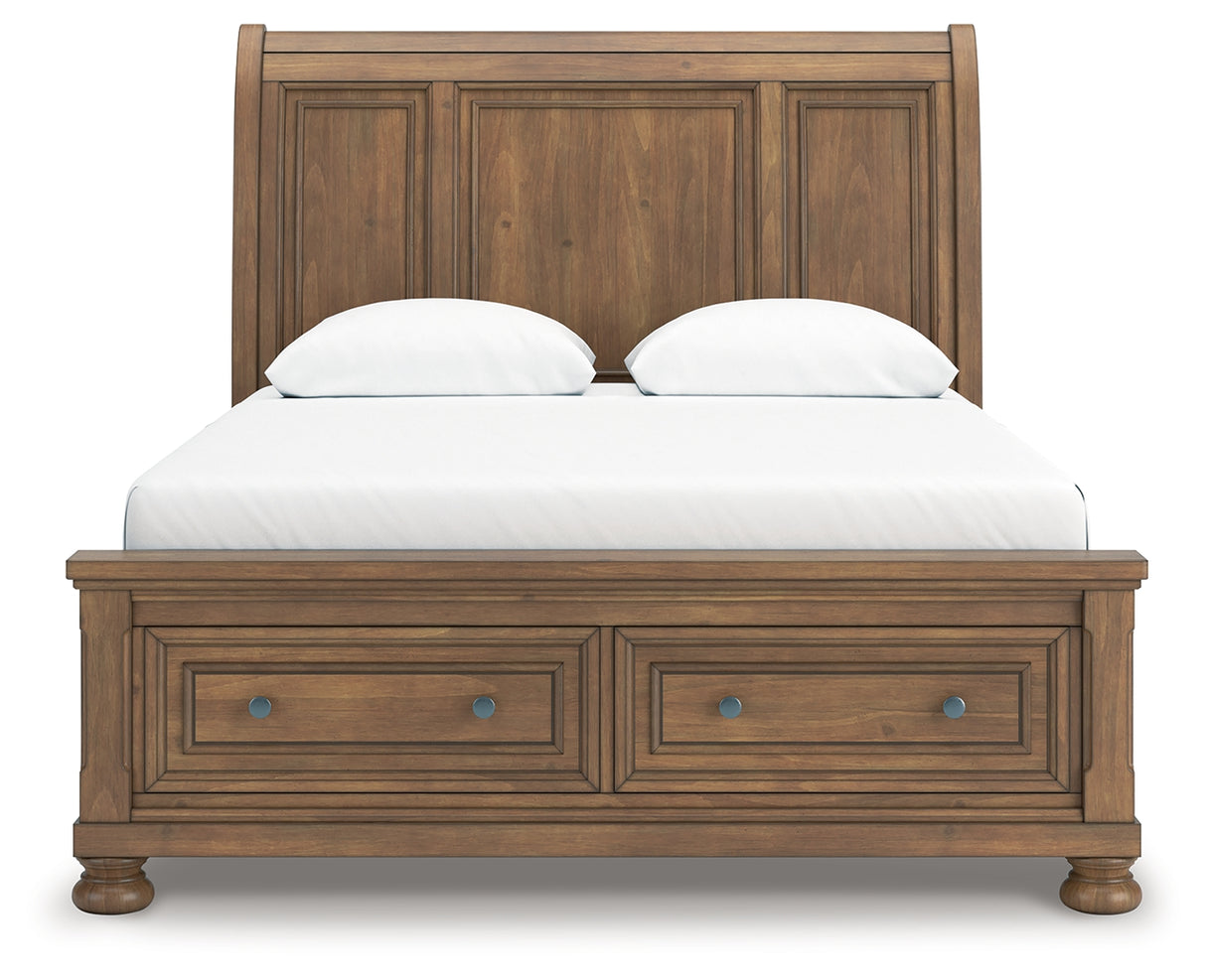 Feddinger 6-Piece Queen Storage Sleigh Bed with Mirrored Dresser and Chest (Queen Storage Footboard, Queen Sleigh Headboard, Queen Rails with Roll Slats, Dresser, Bedroom Mirror, Chest of Drawers)