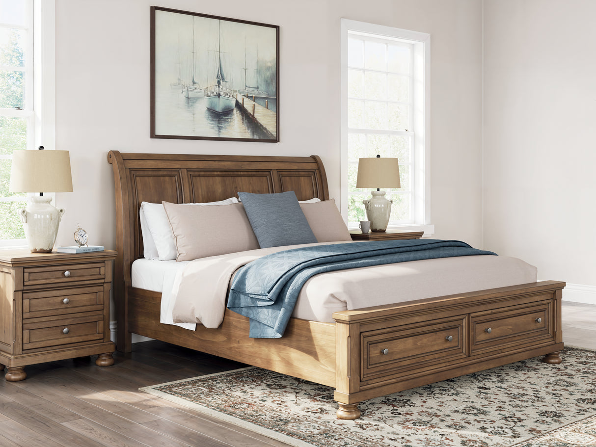 Feddinger 5-Piece California King Storage Sleigh Bed with Dresser and Nightstand (King/California King Storage Footboard, King/California King Sleigh Headboard, California King Rails with Roll Slats, Dresser, Nightstand)
