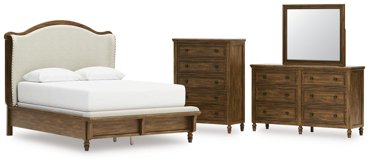 Sturlayne 6-Piece Queen Upholstered Panel Bed with Mirrored Dresser and Chest (Queen Upholstered Bench Footboard/Slats, Queen Upholstered Headboard, Queen/King Panel Rails, Dresser, Bedroom Mirror, Chest of Drawers)