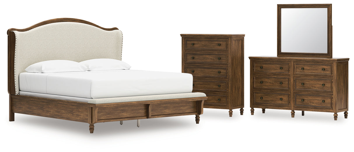 Sturlayne 6-Piece King Upholstered Panel Bed with Mirrored Dresser and Chest (King/California King Upholstered Bench Footboard/Slats, King/California King Upholstered Headboard, Queen/King Panel Rails, Dresser, Bedroom Mirror, Chest of Drawers)