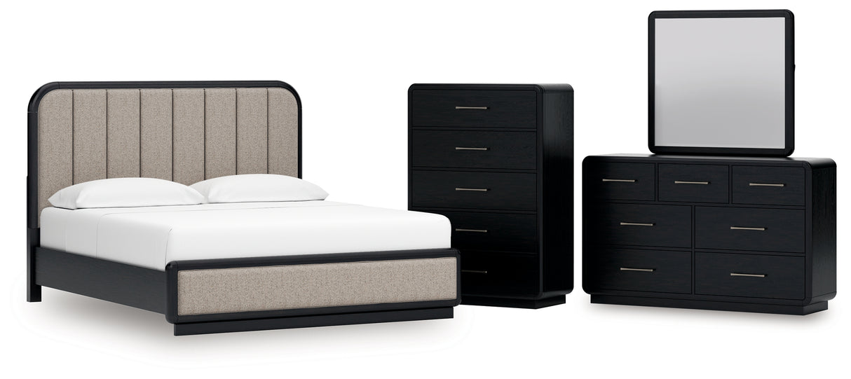 Rowanbeck 5-Piece California King Upholstered Panel Bed with Mirrored Dresser and Chest (King/California King Upholstered Panel Headboard, California King Upholstered Panel Footboard with Rails, Dresser, Bedroom Mirror, Chest of Drawers)