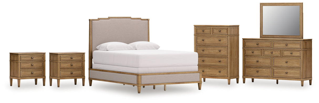 Sharlance 7-Piece Queen Upholstered Panel Bed with Mirrored Dresser, Chest and 2 Nightstands (Queen Upholstered Panel Footboard/Rails/Slats, Queen Upholstered Panel Headboard, Dresser, Bedroom Mirror, Chest of Drawers, Nightstand, Nightstand)