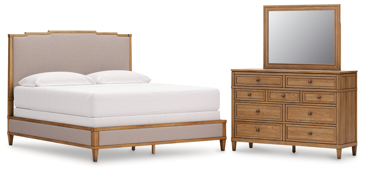Sharlance 4-Piece California King Upholstered Panel Bed with Mirrored Dresser (King/California King Upholstered Panel Headboard, California King Upholstered Panel Footboard/Rails/Slats, Dresser, Bedroom Mirror)