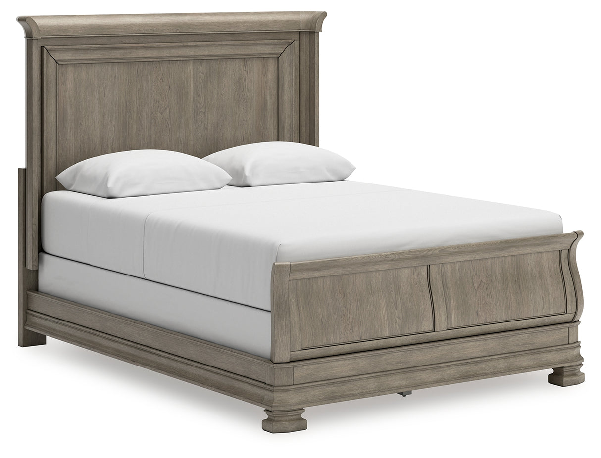 Lexorne 4-Piece Queen Sleigh Bed with Mirrored Dresser (Queen Sleigh Footboard with Rails, Queen Panel Headboard, Dresser, Bedroom Mirror)