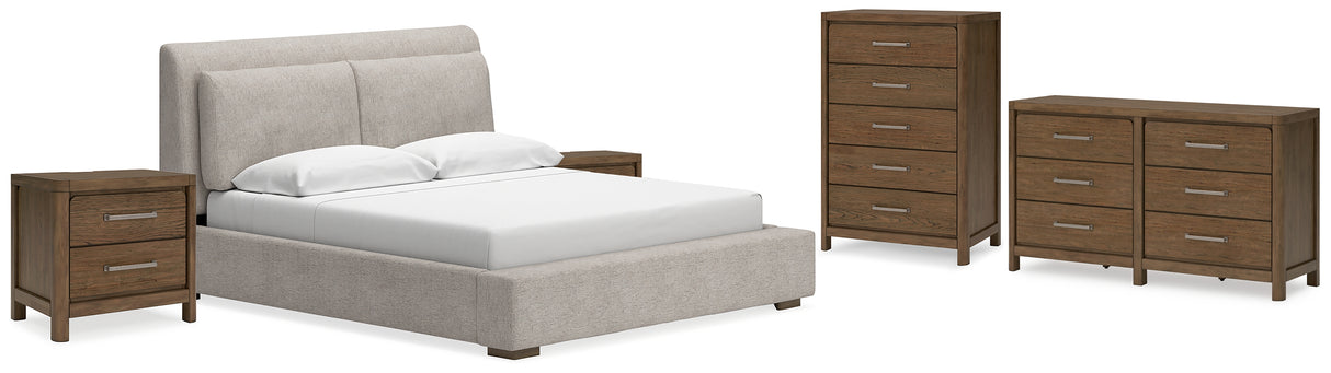 Cabalynn 6-Piece California King Upholstered Bed with Dresser, Chest and 2 Nightstands (King/California King Upholstered Headboard, California King Upholstered Footboard with Rails, Dresser, Chest of Drawers, Nightstand, Nightstand)