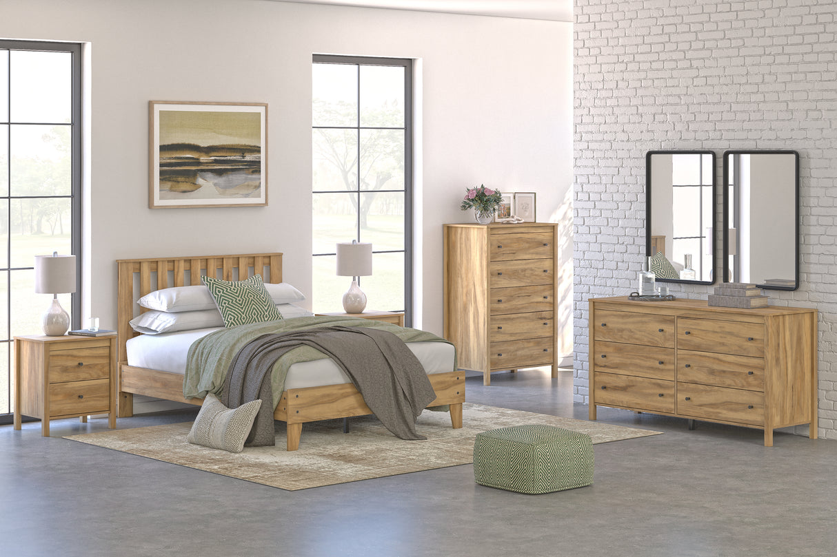 Bermacy 5-Piece Queen Platform Panel Bed with Dresser, Chest and Nightstand (Queen Platform Bed, Queen Panel Headboard, Dresser, Chest of Drawers, Nightstand)