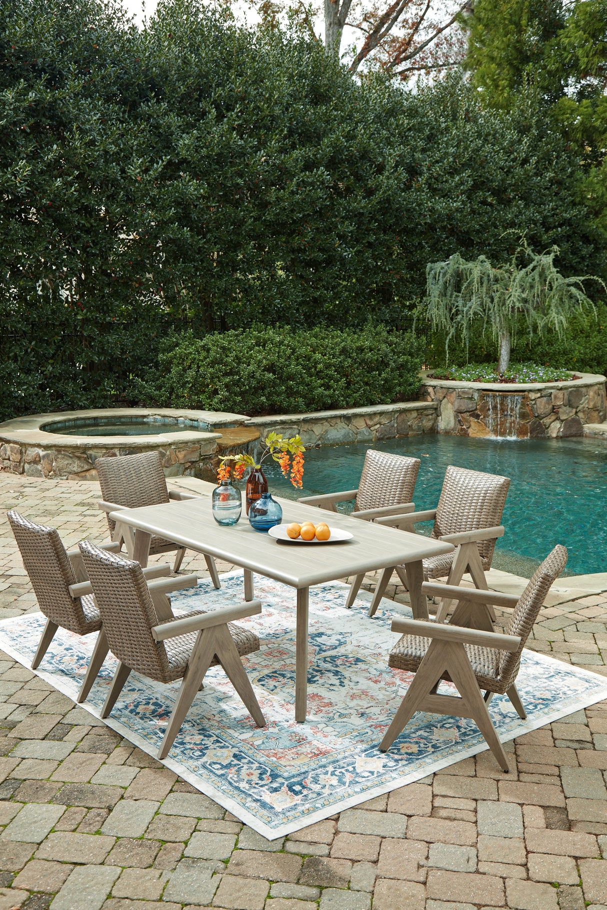 Cliff Trails 4-Piece Outdoor Dining Table and 6 Chairs (Outdoor Dining Table, Outdoor Arm Chair (Set of 2), Outdoor Arm Chair (Set of 2), Outdoor Rocking Arm Chair (Set of 2))