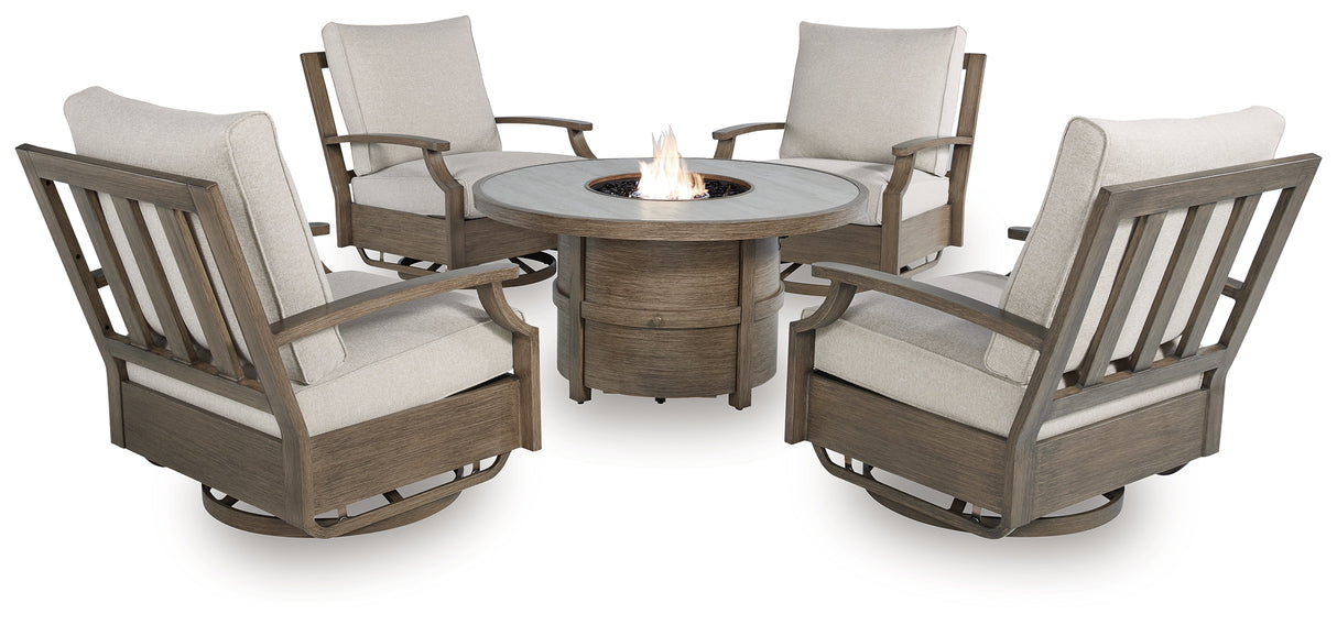 Rainier Ranch 5-Piece Outdoor Dining Table and 4 Chairs (Fire Pit Table, Outdoor Swivel Glider Chair with Cushion, Outdoor Swivel Glider Chair with Cushion, Outdoor Swivel Glider Chair with Cushion, Outdoor Swivel Glider Chair with Cushion)