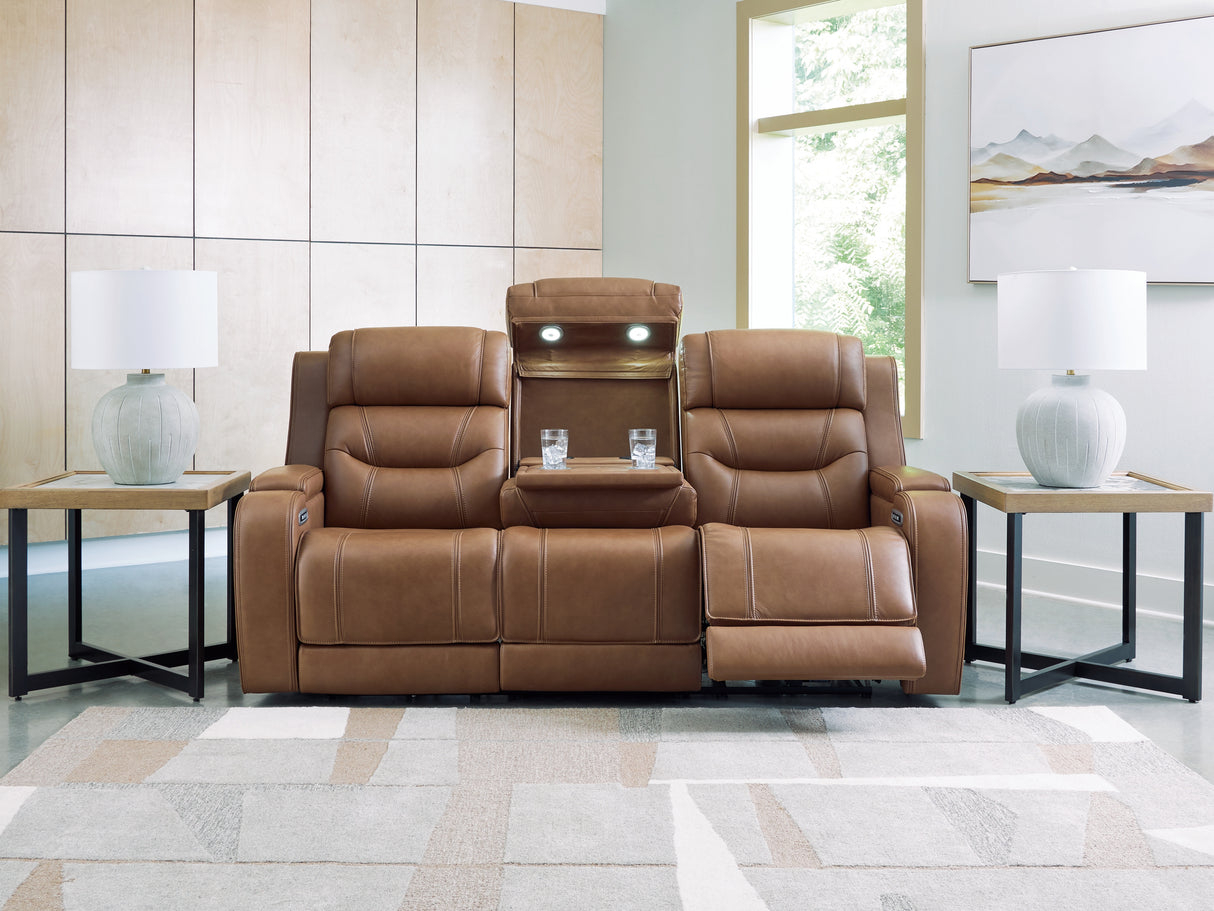 Knightington Power Reclining Sofa with Audio Seating (Color: Caramel)