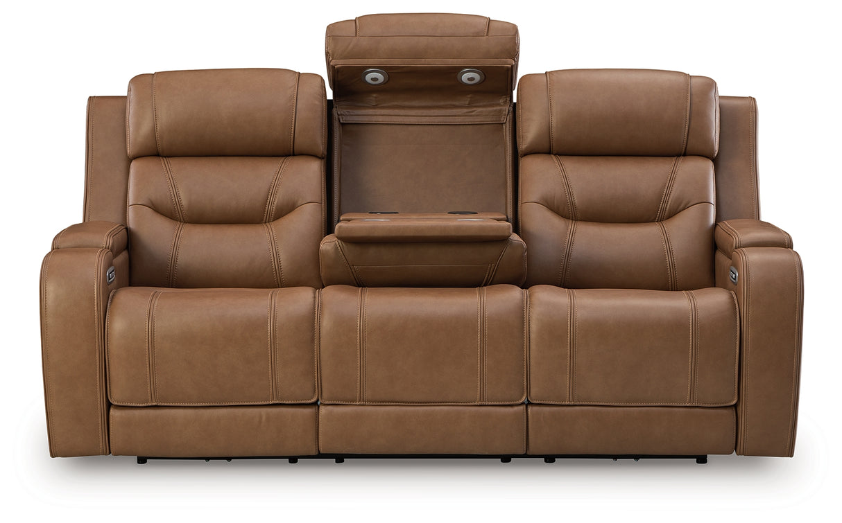Knightington Power Reclining Sofa with Audio Seating (Color: Caramel)