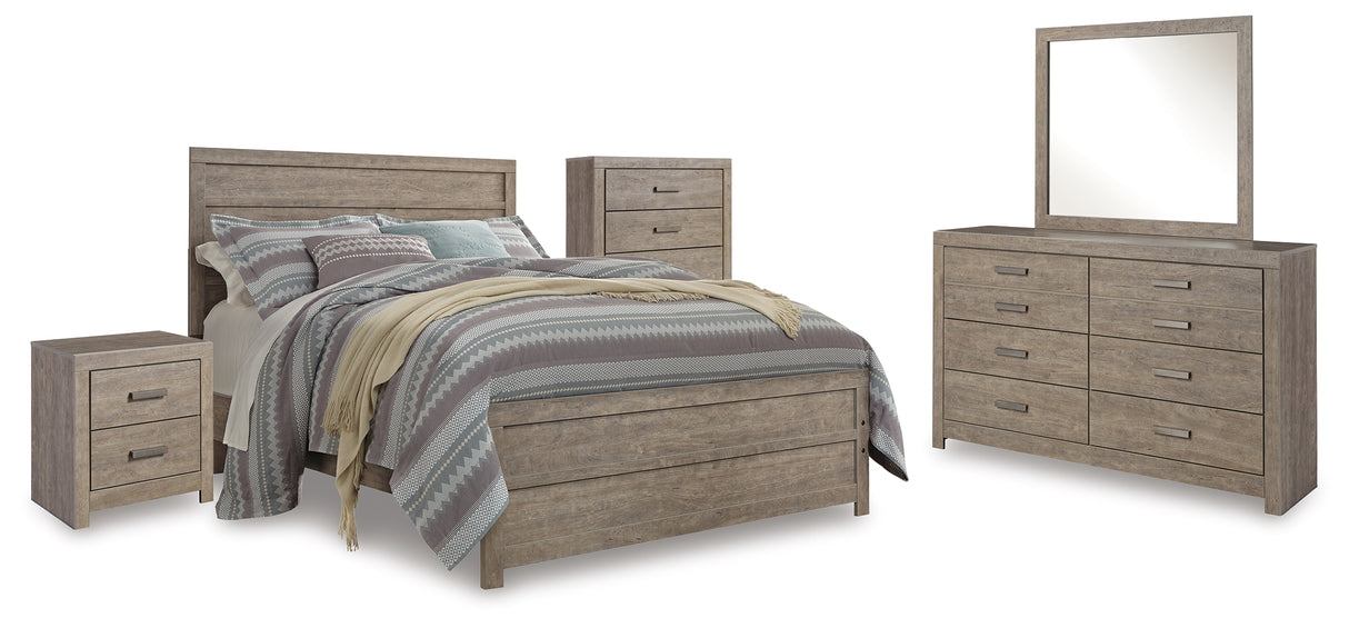 Culverbach 6-Piece Queen Panel Bed with Mirrored Dresser, Chest and Nightstand (Queen Panel Headboard/Footboard, Queen Panel Rails, Dresser, Bedroom Mirror, Chest of Drawers, Nightstand)