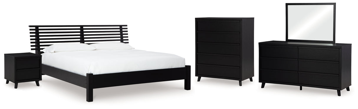Danziar 7-Piece King Panel Bed with Mirrored Dresser, Chest and Nightstand (Platform King Roll Slats, King Panel Footboard with Rails, King Slat Headboard, Dresser, Bedroom Mirror, Wide Chest of Drawers, Nightstand)
