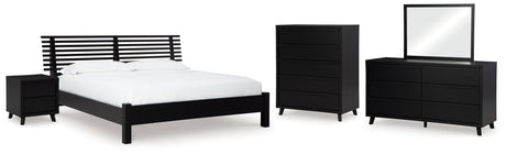 Danziar 7-Piece King Panel Bed with Mirrored Dresser, Chest and Nightstand (Platform King Roll Slats, King Panel Footboard with Rails, King Slat Headboard, Dresser, Bedroom Mirror, Wide Chest of Drawers, Nightstand)