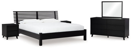 Danziar 7-Piece King Panel Bed with Mirrored Dresser and 2 Nightstands (Platform King Roll Slats, King Panel Footboard with Rails, King Slat Headboard, Dresser, Bedroom Mirror, Nightstand, Nightstand)
