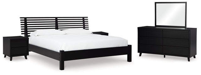 Danziar 7-Piece Queen Panel Bed with Mirrored Dresser and 2 Nightstands (Platform Queen Roll Slats, Queen Panel Footboard with Rails, Queen Slat Headboard, Dresser, Bedroom Mirror, Nightstand, Nightstand)