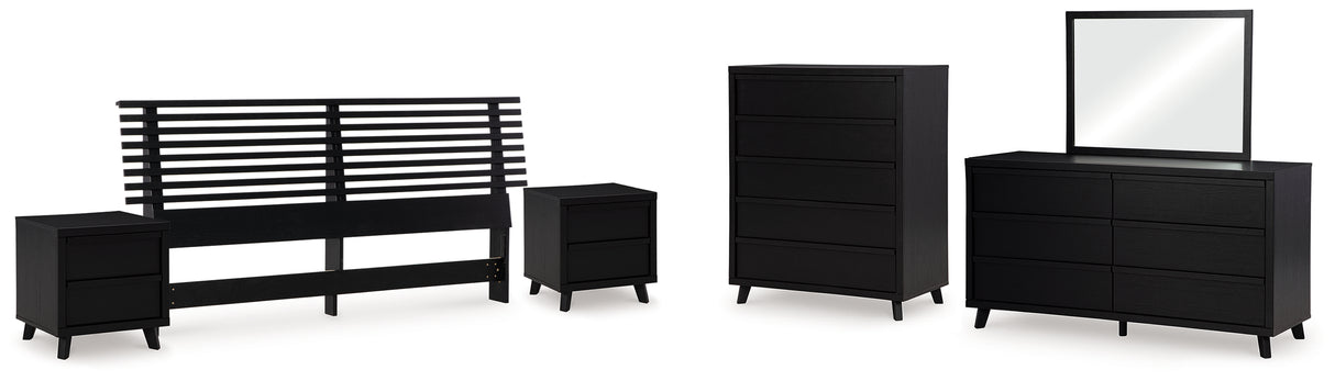 Danziar 6-Piece King Panel Headboard with Mirrored Dresser, Chest and 2 Nightstands (King Slat Headboard, Dresser, Bedroom Mirror, Wide Chest of Drawers, Nightstand, Nightstand)