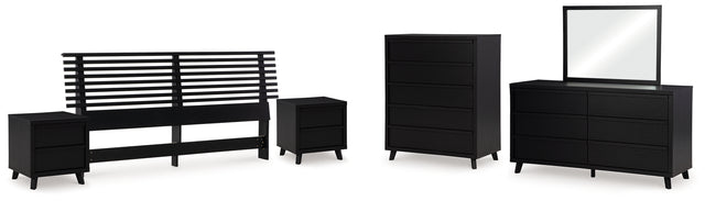 Danziar 6-Piece King Panel Headboard with Mirrored Dresser, Chest and 2 Nightstands (King Slat Headboard, Dresser, Bedroom Mirror, Wide Chest of Drawers, Nightstand, Nightstand)