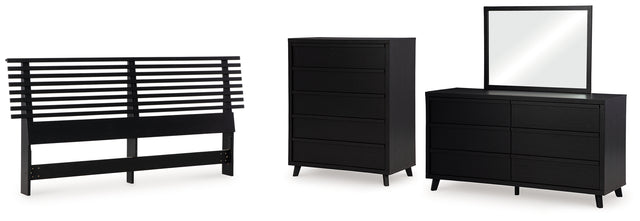 Danziar 4-Piece King Panel Headboard with Mirrored Dresser and Chest (King Slat Headboard, Dresser, Bedroom Mirror, Wide Chest of Drawers)