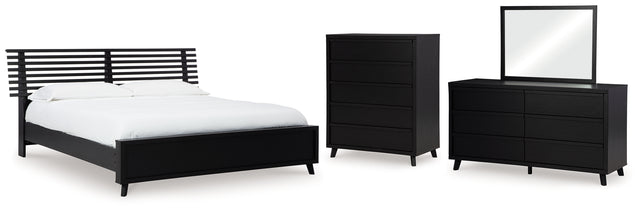 Danziar 7-Piece Queen Panel Bed with Mirrored Dresser and Chest (Platform Queen Roll Slats, Queen Slat Headboard, Queen Panel Footboard, Queen/King Platform Rails, Dresser, Bedroom Mirror, Wide Chest of Drawers)