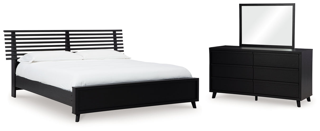 Danziar 6-Piece Queen Panel Bed with Mirrored Dresser (Platform Queen Roll Slats, Queen Slat Headboard, Queen Panel Footboard, Queen/King Platform Rails, Dresser, Bedroom Mirror)