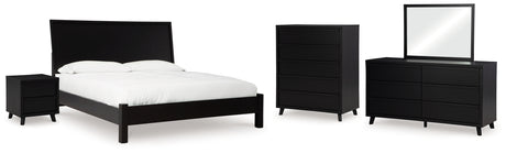 Danziar 7-Piece King Panel Bed with Mirrored Dresser, Chest and Nightstand (Platform King Roll Slats, King Panel Footboard with Rails, King Panel Headboard, Dresser, Bedroom Mirror, Wide Chest of Drawers, Nightstand)