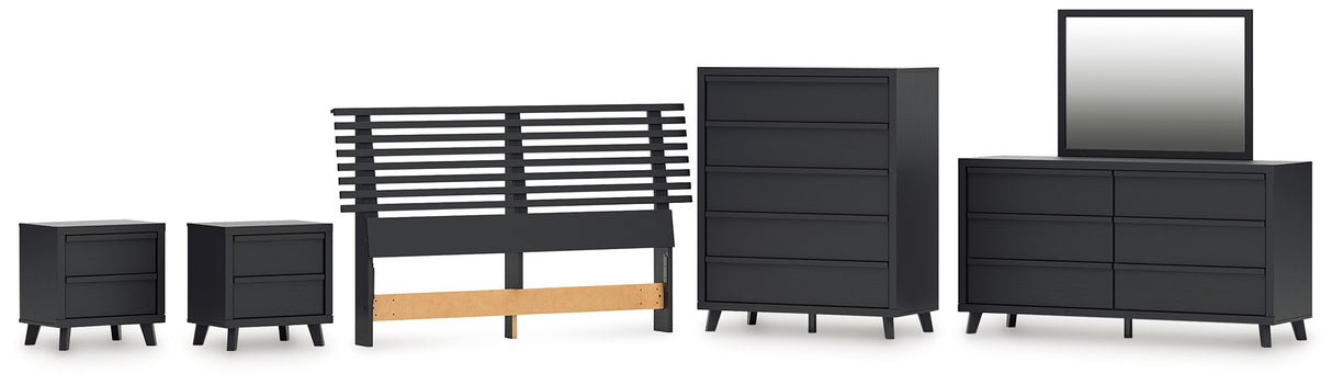 Danziar 6-Piece Queen Panel Headboard with Mirrored Dresser, Chest and 2 Nightstands (Queen Slat Headboard, Dresser, Bedroom Mirror, Wide Chest of Drawers, Nightstand, Nightstand)