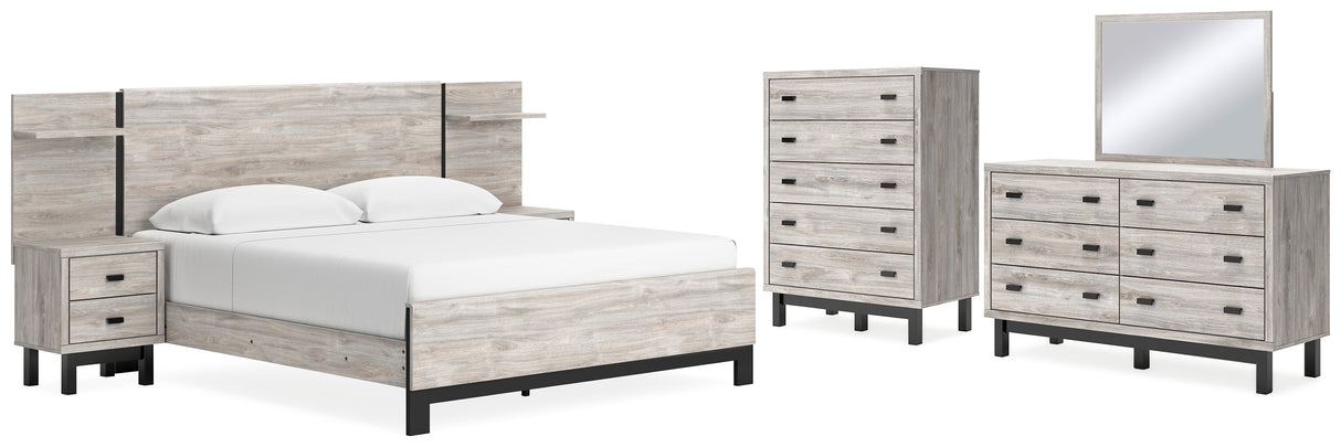 Vessalli 9-Piece King Panel Bed with Mirrored Dresser and Chest (Headboard Extension (Set of 2), King Panel Footboard, King Panel Headboard, Nightstand, Nightstand, King Panel Rails, Dresser, Bedroom Mirror, Chest of Drawers)