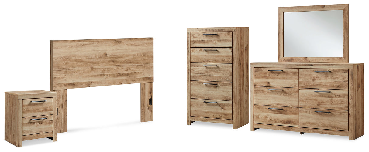 Hyanna 5-Piece Queen Panel Headboard with Mirrored Dresser, Chest and Nightstand (Queen Panel Headboard, Dresser, Bedroom Mirror, Chest of Drawers, Nightstand)
