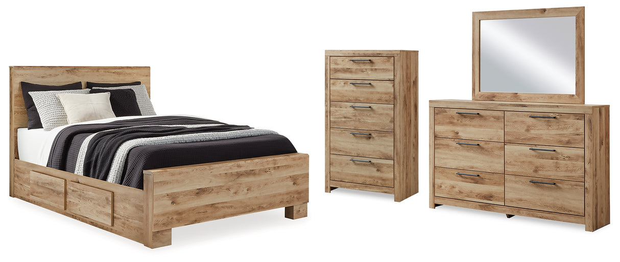 Hyanna 8-Piece Queen Panel Bed with Storage with Mirrored Dresser and Chest (Platform Queen Roll Slats, Queen Panel Footboard, Queen Panel Headboard, Queen/King Under Bed Storage, Queen/King Under Bed Storage, Dresser, Bedroom Mirror, Chest of Drawers)