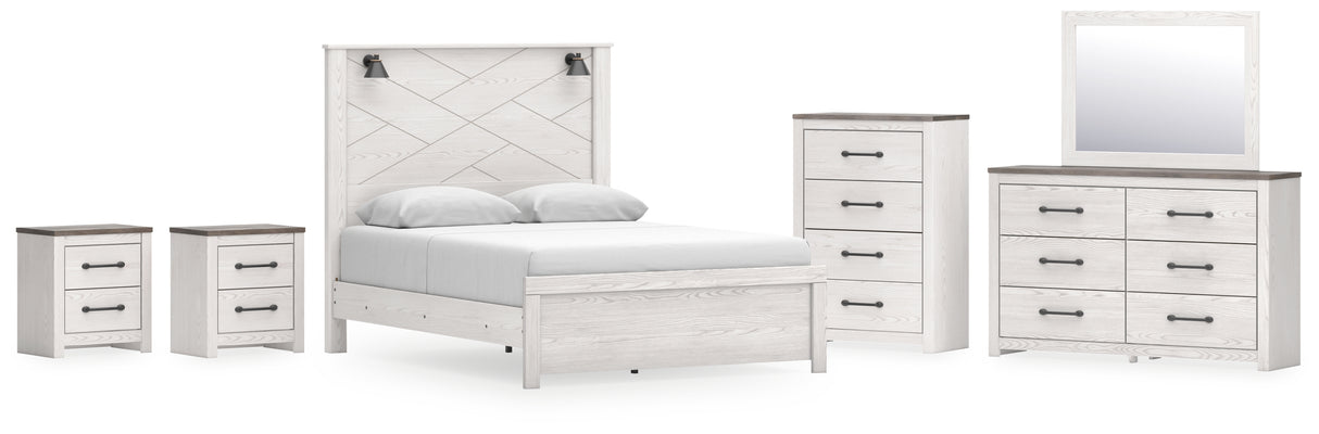 Gerridan 8-Piece Queen Panel Bed with Mirrored Dresser, Chest and 2 Nightstands (Queen Panel Footboard, Queen Panel Headboard, Queen Rails, Dresser, Bedroom Mirror, Chest of Drawers, Nightstand, Nightstand)