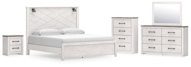 Gerridan 7-Piece King Panel Bed with Mirrored Dresser, Chest and Nightstand (King Panel Footboard, King Panel Headboard, King Rails, Dresser, Bedroom Mirror, Chest of Drawers, Nightstand)