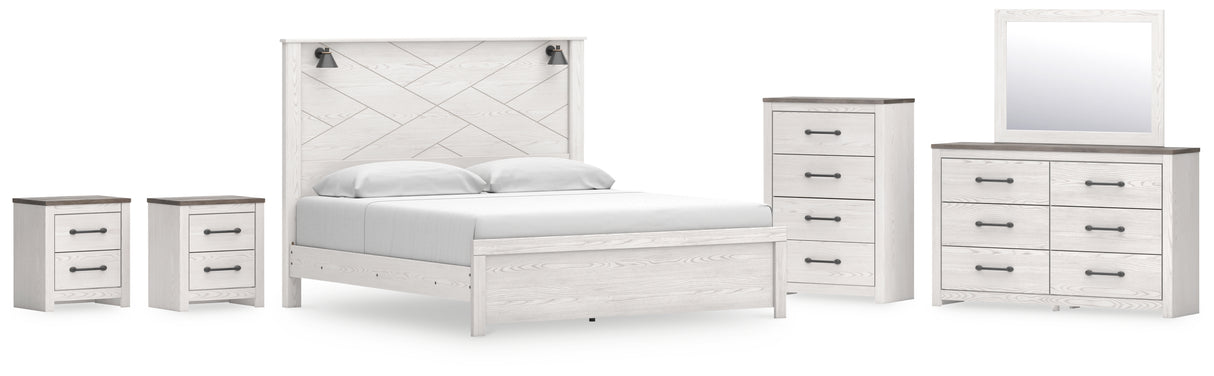 Gerridan 8-Piece King Panel Bed with Mirrored Dresser, Chest and 2 Nightstands (King Panel Footboard, King Panel Headboard, King Rails, Dresser, Bedroom Mirror, Chest of Drawers, Nightstand, Nightstand)