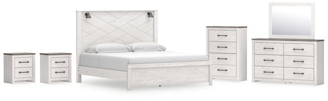 Gerridan 8-Piece King Panel Bed with Mirrored Dresser, Chest and 2 Nightstands (King Panel Footboard, King Panel Headboard, King Rails, Dresser, Bedroom Mirror, Chest of Drawers, Nightstand, Nightstand)
