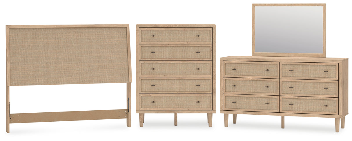 Cielden 4-Piece Queen Panel Headboard with Mirrored Dresser and Chest (Queen Panel Headboard, Dresser, Bedroom Mirror, Chest of Drawers)