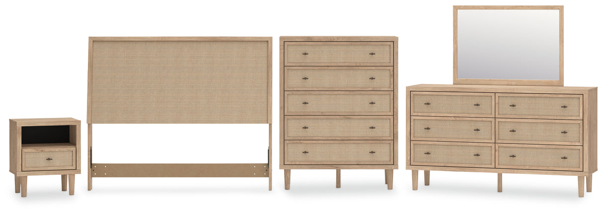 Cielden 5-Piece Queen Panel Headboard with Mirrored Dresser, Chest and Nightstand (Queen Panel Headboard, Dresser, Bedroom Mirror, Chest of Drawers, Nightstand)