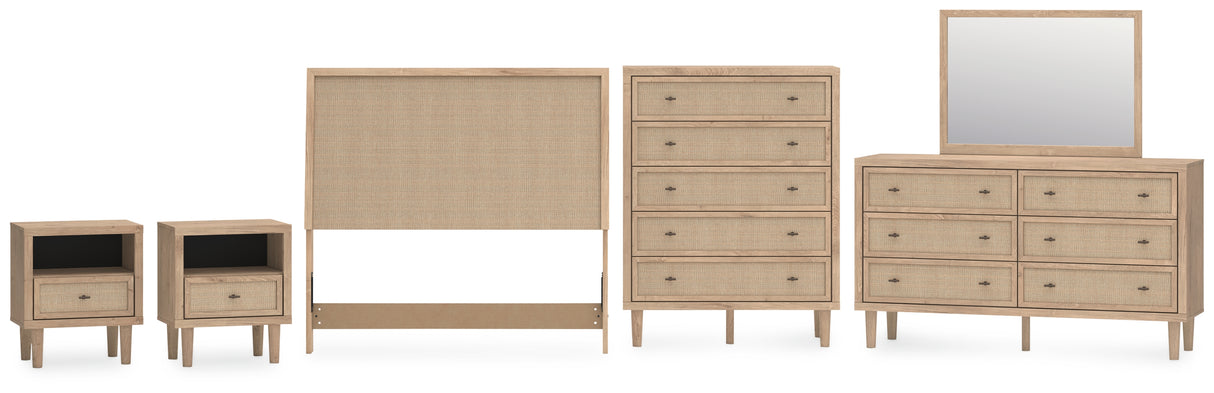 Cielden 6-Piece Full Upholstered Panel Bed with Mirrored Dresser, Chest and 2 Nightstands (Full Panel Headboard, Dresser, Bedroom Mirror, Chest of Drawers, Nightstand, Nightstand)