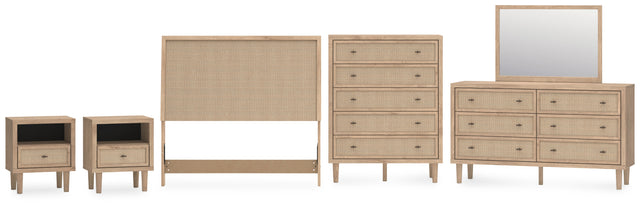 Cielden 6-Piece Full Upholstered Panel Bed with Mirrored Dresser, Chest and 2 Nightstands (Full Panel Headboard, Dresser, Bedroom Mirror, Chest of Drawers, Nightstand, Nightstand)