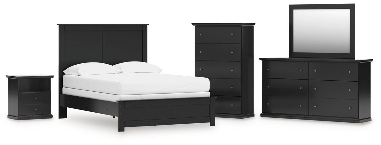 Maribel 6-Piece Full Panel Bed with Mirrored Dresser, Chest and Nightstand (Full Panel Rails, Full Panel Headboard/Footboard, Dresser, Bedroom Mirror, Chest of Drawers, Nightstand)