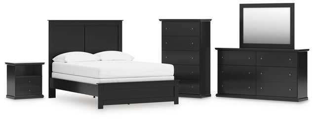 Maribel 6-Piece Full Panel Bed with Mirrored Dresser, Chest and Nightstand (Full Panel Rails, Full Panel Headboard/Footboard, Dresser, Bedroom Mirror, Chest of Drawers, Nightstand)
