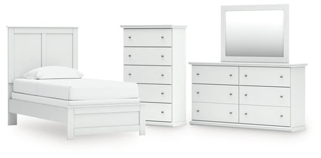 Bostwick Shoals 5-Piece Twin Panel Bed with Mirrored Dresser and Chest (Twin Panel Headboard/Footboard, Twin Panel Rails, Dresser, Bedroom Mirror, Chest of Drawers)
