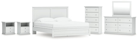 Bostwick Shoals 7-Piece King Panel Bed with Mirrored Dresser, Chest and 2 Nightstands (King Panel Rails, King Panel Headboard/Footboard, Dresser, Bedroom Mirror, Chest of Drawers, Nightstand, Nightstand)