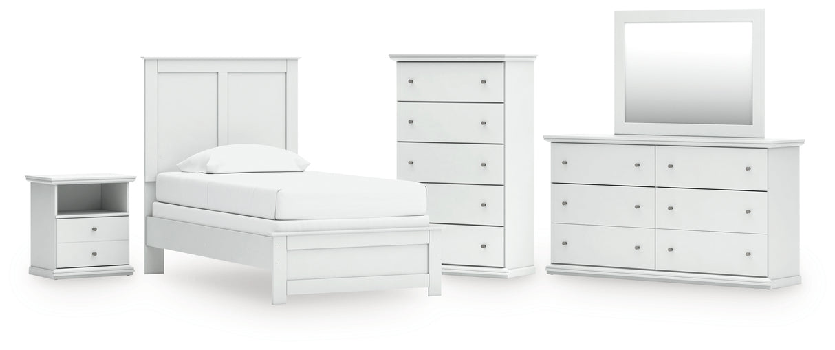 Bostwick Shoals 6-Piece Twin Panel Bed with Mirrored Dresser, Chest and Nightstand (Twin Panel Headboard/Footboard, Twin Panel Rails, Dresser, Bedroom Mirror, Chest of Drawers, Nightstand)