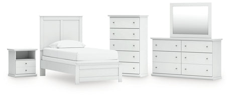 Bostwick Shoals 6-Piece Twin Panel Bed with Mirrored Dresser, Chest and Nightstand (Twin Panel Headboard/Footboard, Twin Panel Rails, Dresser, Bedroom Mirror, Chest of Drawers, Nightstand)
