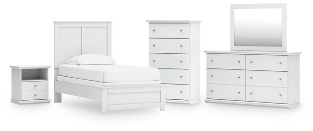 Bostwick Shoals 6-Piece Twin Panel Bed with Mirrored Dresser, Chest and Nightstand (Twin Panel Headboard/Footboard, Twin Panel Rails, Dresser, Bedroom Mirror, Chest of Drawers, Nightstand)