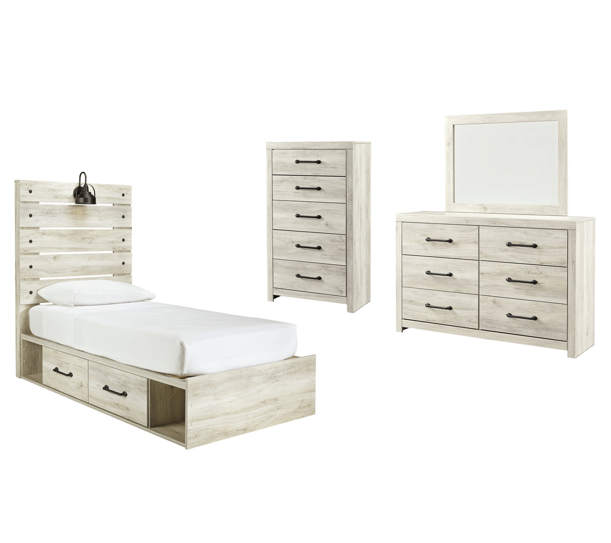 Cambeck 7-Piece Twin Panel Bed with 2 Storage Drawers with Mirrored Dresser and Chest (Chest of Drawers, Dresser, Bedroom Mirror, Platform Twin Roll Slats, Twin/Full Side Storage with Rail, Twin Panel Footboard, Twin Panel Headboard)