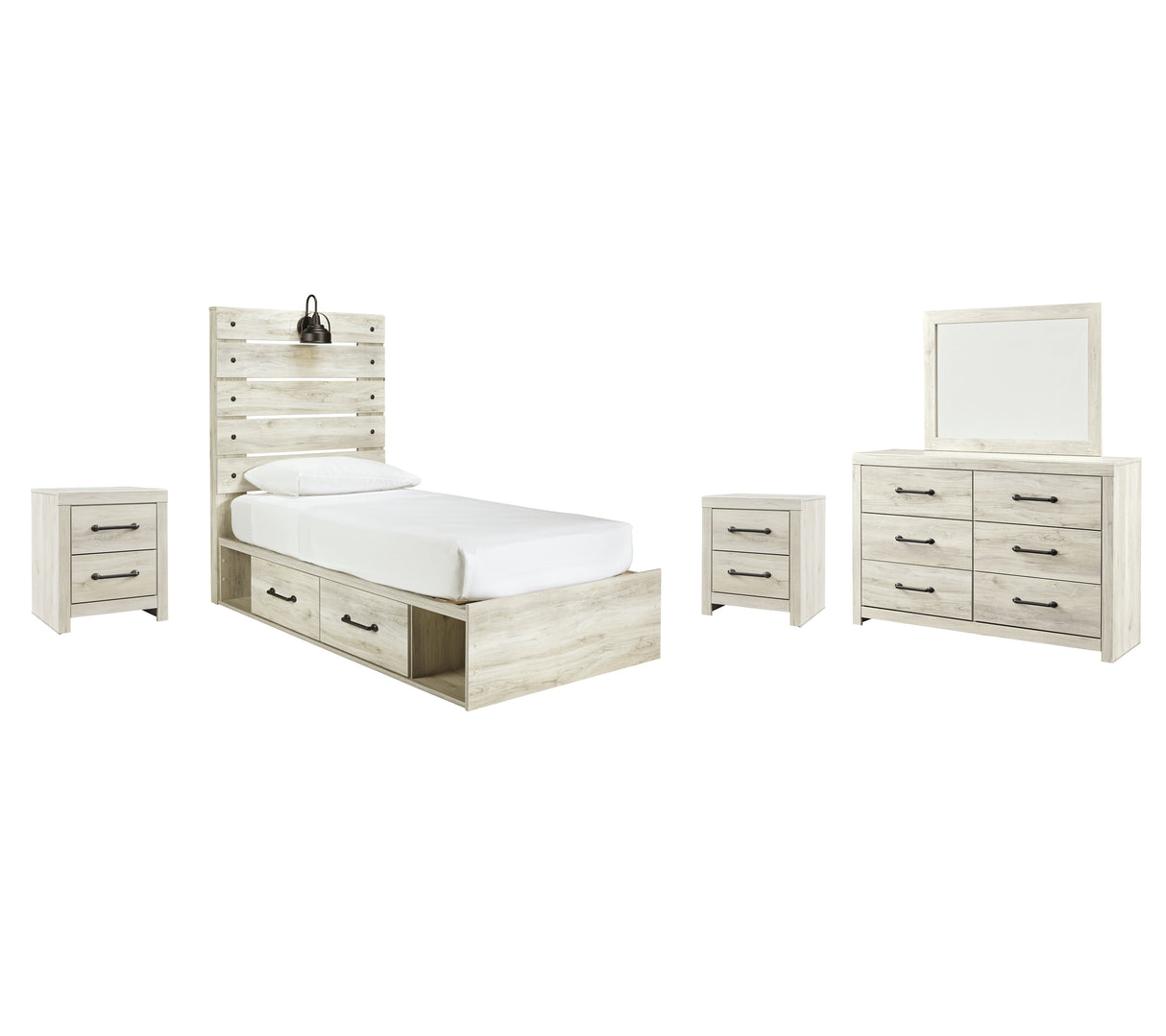 Cambeck 8-Piece Twin Panel Bed with 2 Storage Drawers with Mirrored Dresser and 2 Nightstands (Nightstand, Nightstand, Dresser, Bedroom Mirror, Platform Twin Roll Slats, Twin/Full Side Storage with Rail, Twin Panel Footboard, Twin Panel Headboard)