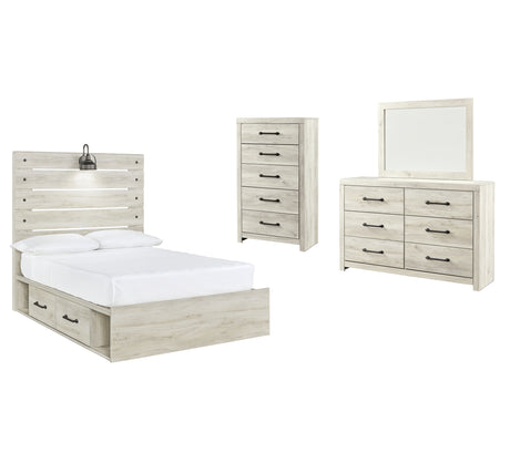 Cambeck 7-Piece Full Panel Bed with 2 Storage Drawers with Mirrored Dresser and Chest (Dresser, Bedroom Mirror, Platform Full Roll Slats, Twin/Full Side Storage with Rail, Full Panel Footboard, Full Panel Headboard, Chest of Drawers)