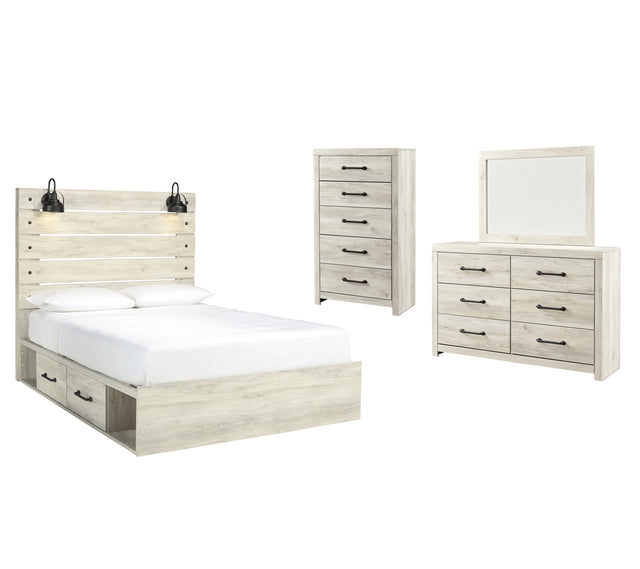 Cambeck 7-Piece Queen Panel Bed with 2 Storage Drawers with Mirrored Dresser and Chest (Chest of Drawers, Dresser, Bedroom Mirror, Platform Queen Roll Slats, Queen/King Side Storage with Rail, Queen Panel Footboard, Queen Panel Headboard)
