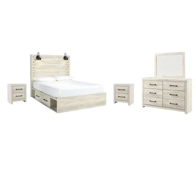 Cambeck 8-Piece Queen Panel Bed with 2 Storage Drawers with Mirrored Dresser and 2 Nightstands (Nightstand, Nightstand, Dresser, Bedroom Mirror, Platform Queen Roll Slats, Queen/King Side Storage with Rail, Queen Panel Footboard, Queen Panel Headboard)